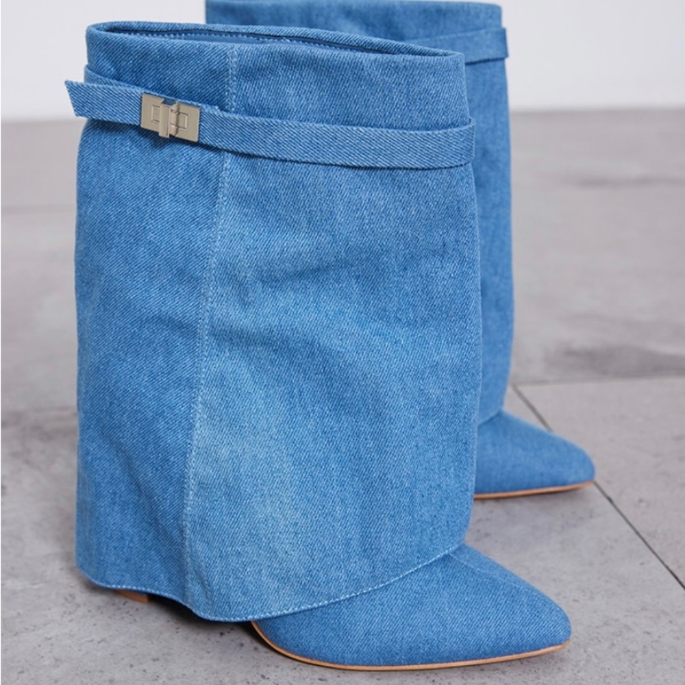 Pretty Little Thing Denim Point Toe Fold Over Wide Fit Block Heeled Ankle Boots